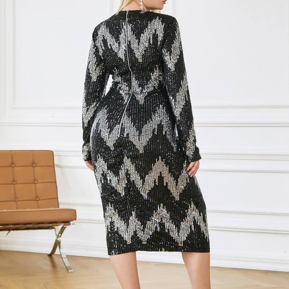 PLUS SIZE SEQUIN LONG SLEEVE ROUND NECK MIDI DRESS - Picture 3 of 3